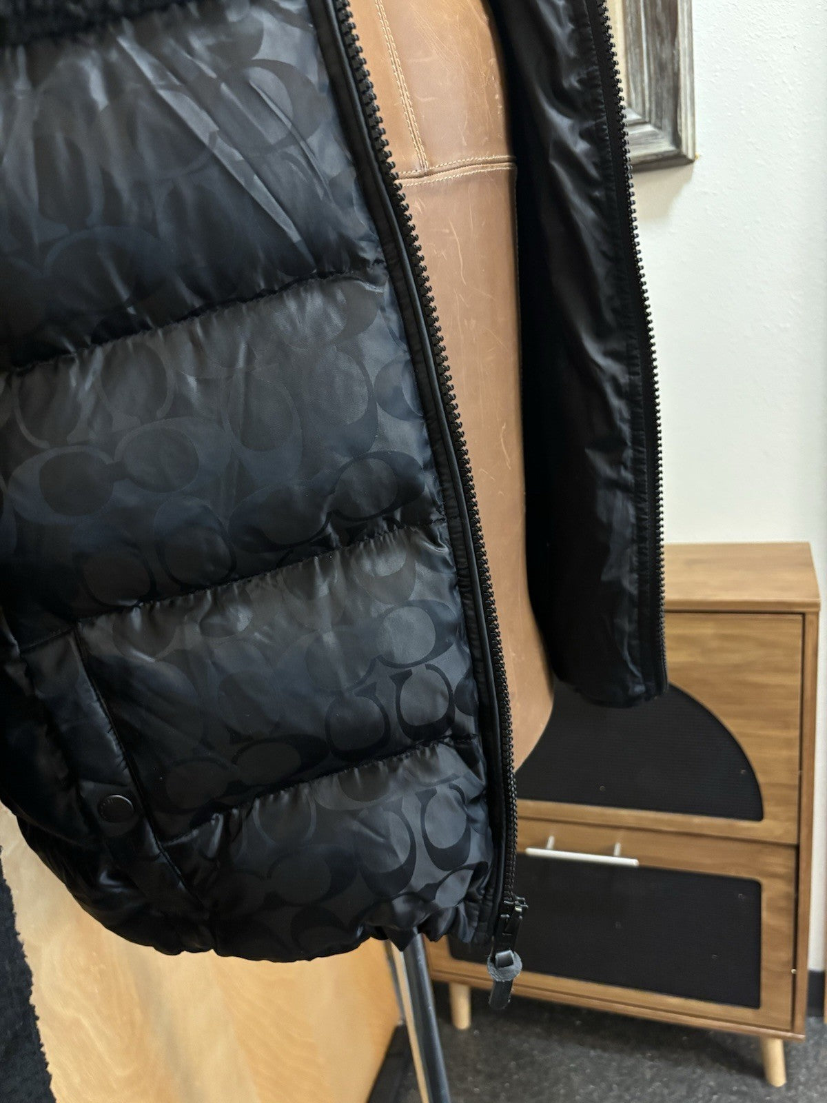 New COACH Runway Sherpa Puffer Coat Jacket Zip Signature Print Blk Size M ($895)