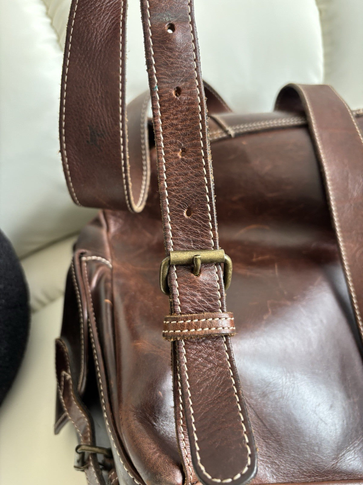 VINTAGE Classic Real Cow Hide Leather Backpack Daypack Brass Hardware Buckles