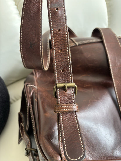 VINTAGE Classic Real Cow Hide Leather Backpack Daypack Brass Hardware Buckles