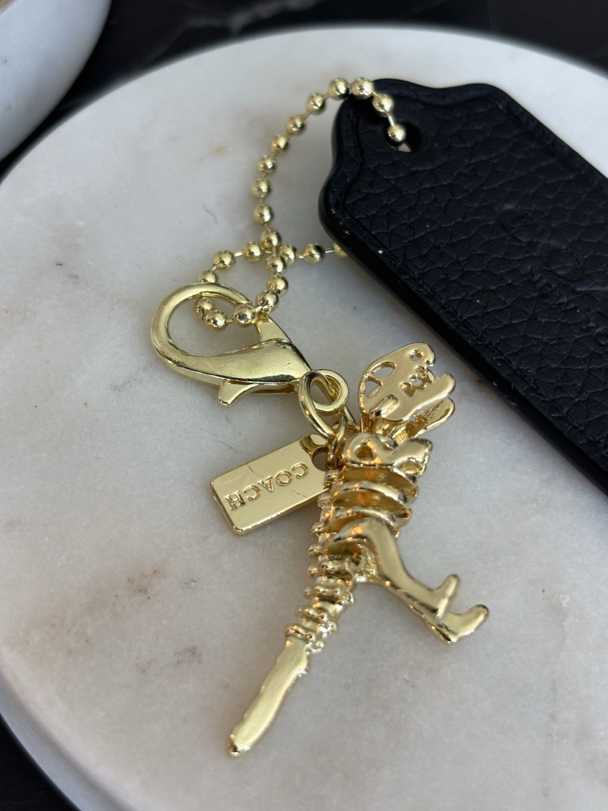 COACH NewYork Designer REXY Leather Hang Tag Dino Bag Charm Fob Chain Gold/Black