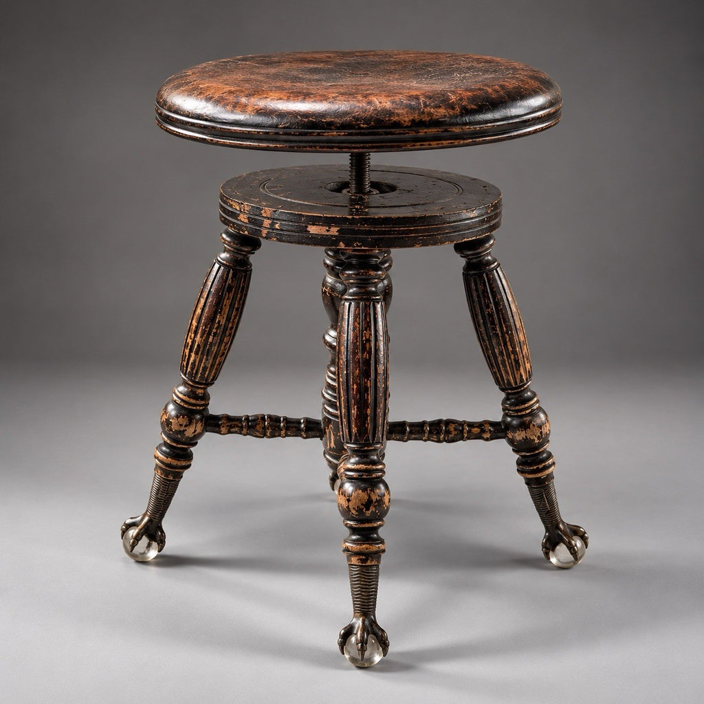 ANTIQUE 1879 Victorian Piano Stool Solid Dark Wood Swivel Glass Ball Claw Foot