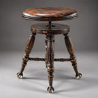 ANTIQUE 1879 Victorian Piano Stool Solid Dark Wood Swivel Glass Ball Claw Foot