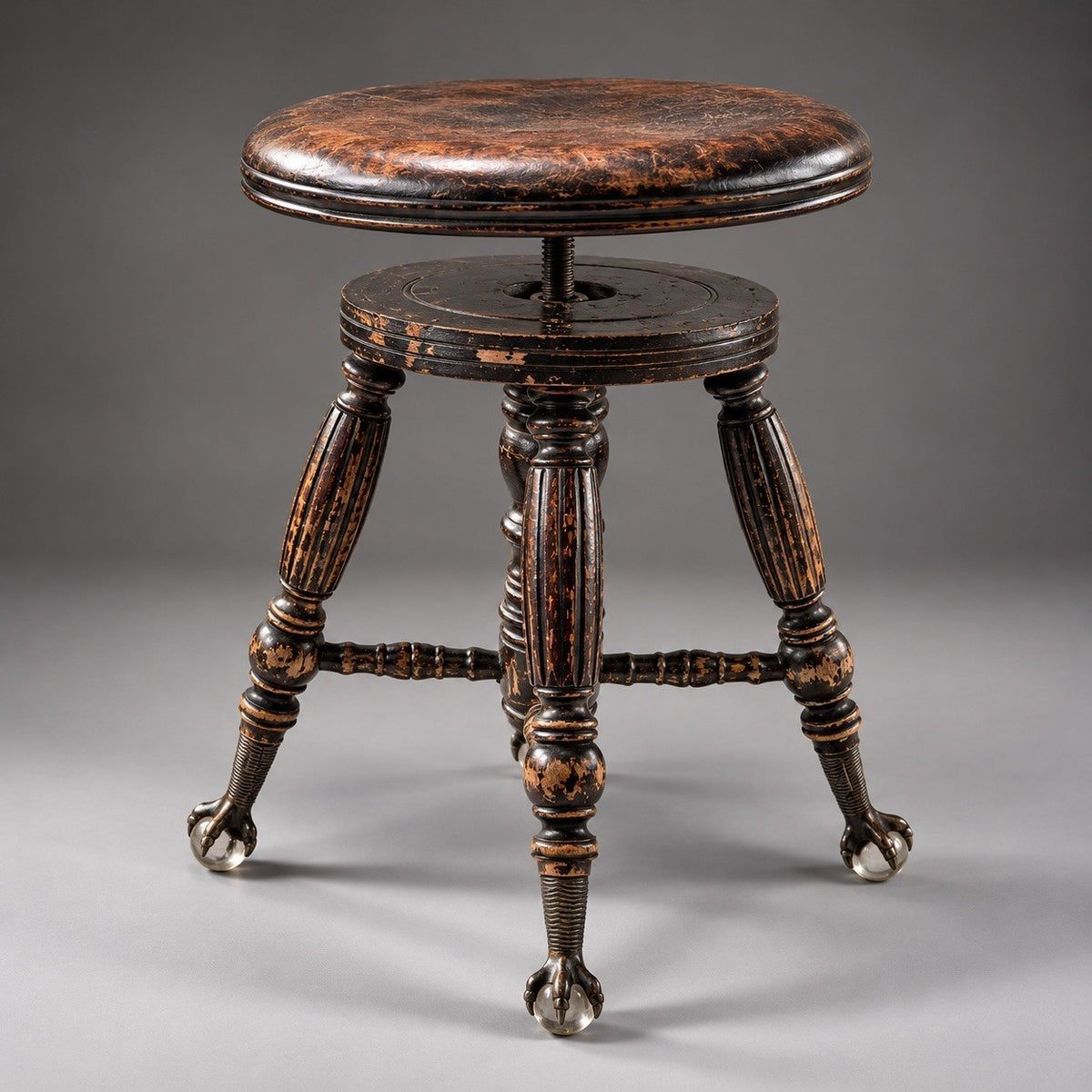 ANTIQUE 1879 Victorian Piano Stool Solid Dark Wood Swivel Glass Ball Claw Foot