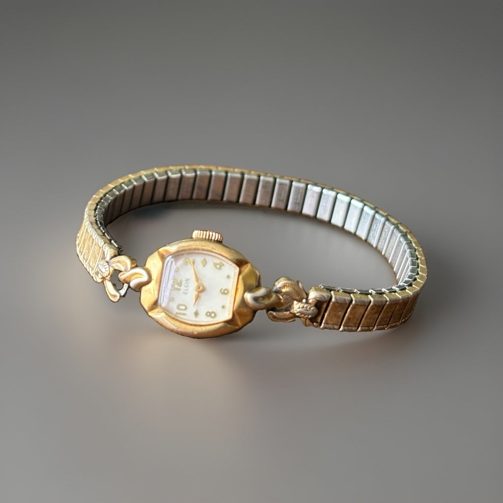 1943 ELGIN Vintage Watch Art Deco Women Manual Mechanical Sculpted Gold Bracelet