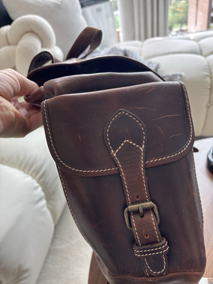 VINTAGE Classic Real Cow Hide Leather Backpack Daypack Brass Hardware Buckles