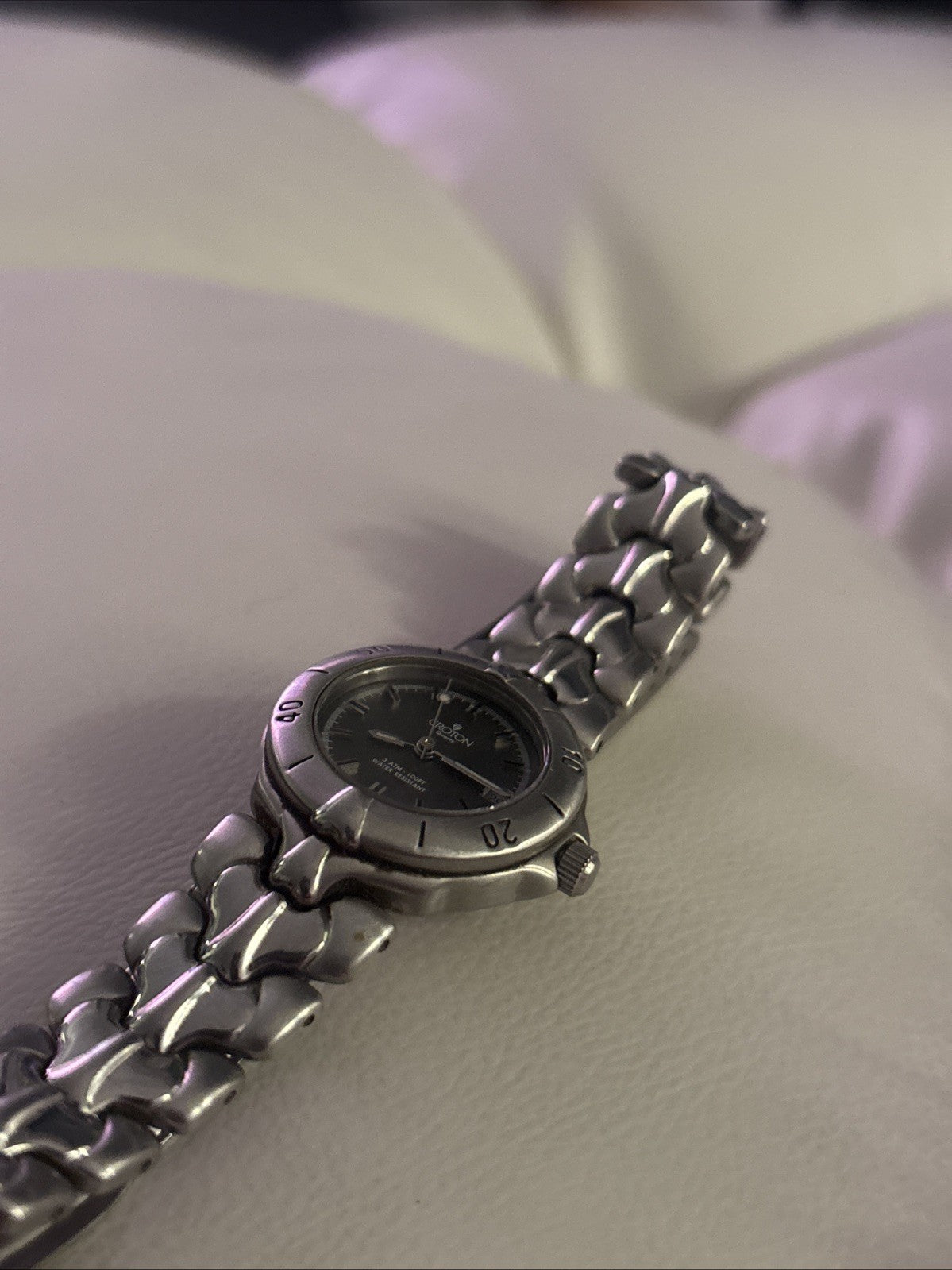 VINTAGE Croton Diamond Accent Quartz Watch Gunmetal Dial 36mm Sculpted Bracelet
