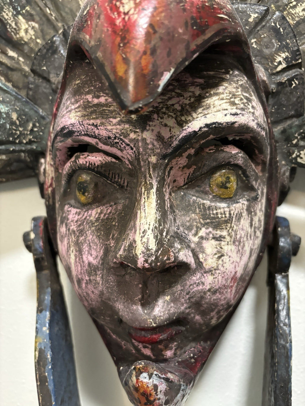 VINTAGE Mexican Hand Carved Wood Wall Mask Bird Headdress Folk Art Large 29inch