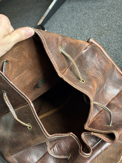VINTAGE Classic Real Cow Hide Leather Backpack Daypack Brass Hardware Buckles