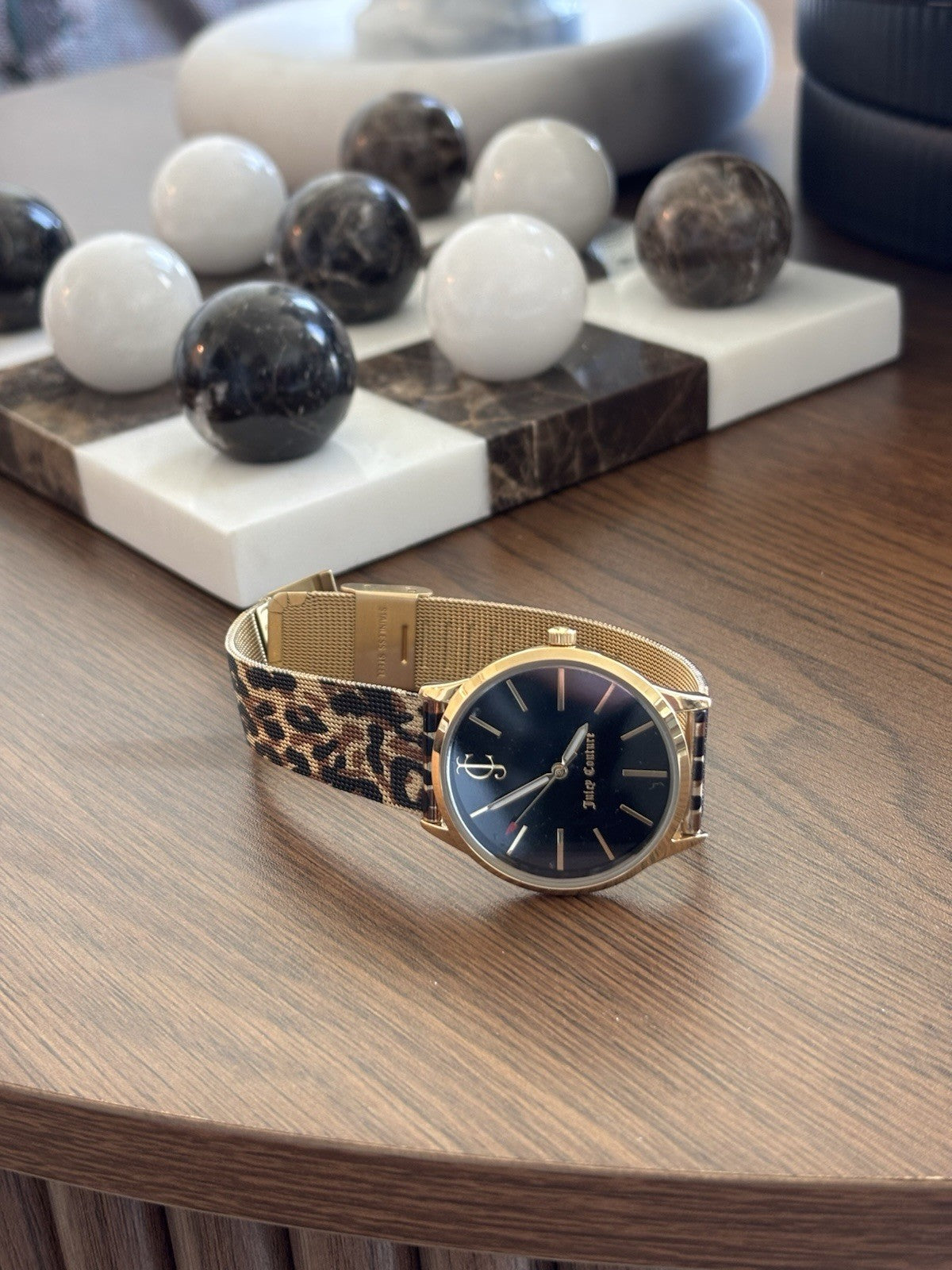 NEW Leopard Print JUICY COUTURE Quartz Watch Blk/Gold Dial Mesh Adjustable Band