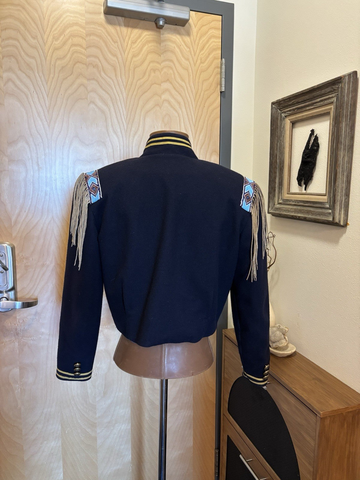 Double D Ranch VINTAGE Wool Jacket Military Beaded NavyBlue Varsity Stripe Small