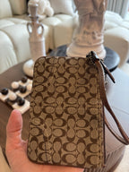 COACH Designer Tan Brown Signature Wristlet Zip Pouch Wallet Leather (org $75)