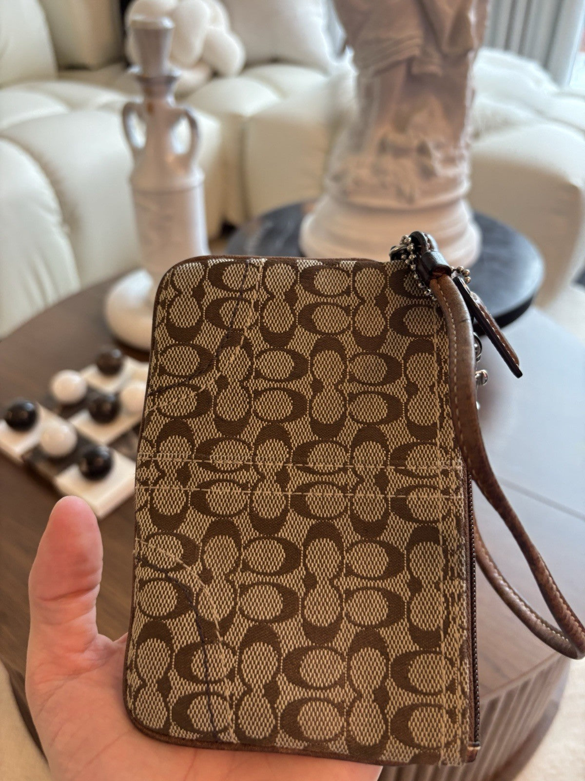 COACH Designer Tan Brown Signature Wristlet Zip Pouch Wallet Leather (org $75)