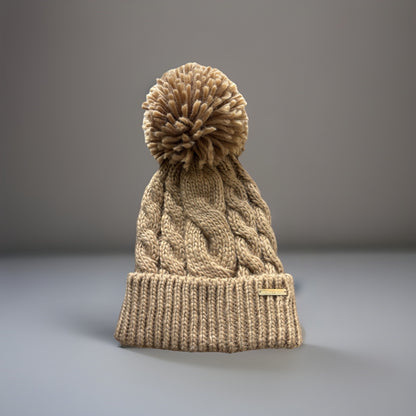 MICHAEL KORS Designer Cable Knit Beanie Hat Pom-Pom Tan Brown Gold Logo(org $98)