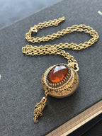 Vintage 1972 AVON Pendant Swiss Movement Watch Necklace Amber Stone Gold Tassel
