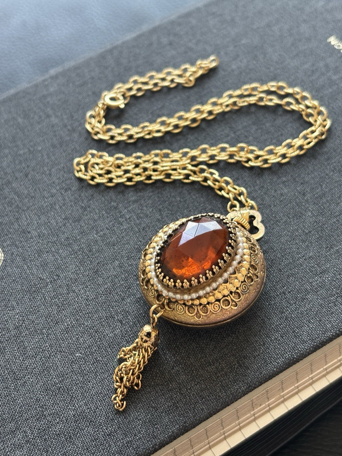 Vintage 1972 AVON Pendant Swiss Movement Watch Necklace Amber Stone Gold Tassel