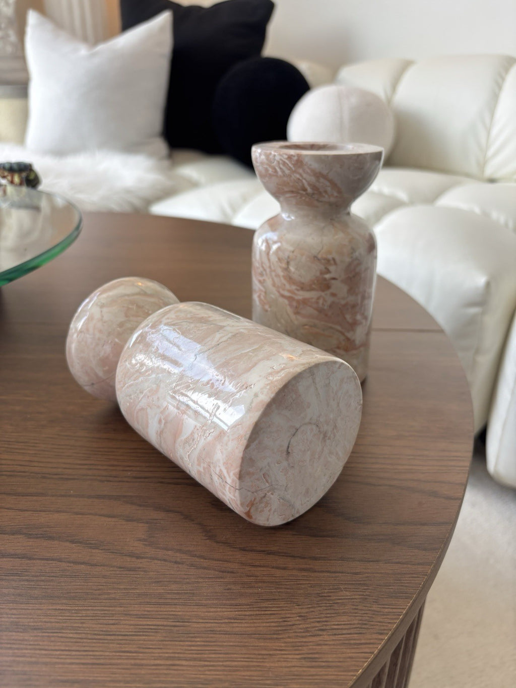 ITALIAN Pink/White Marble Candlestick Holders (2) Pair Japanese Style Made Italy