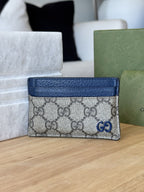 GUCCI Supreme GG Card Holder Beige Ebony Canvas Blue Leather 768248 (org $285)