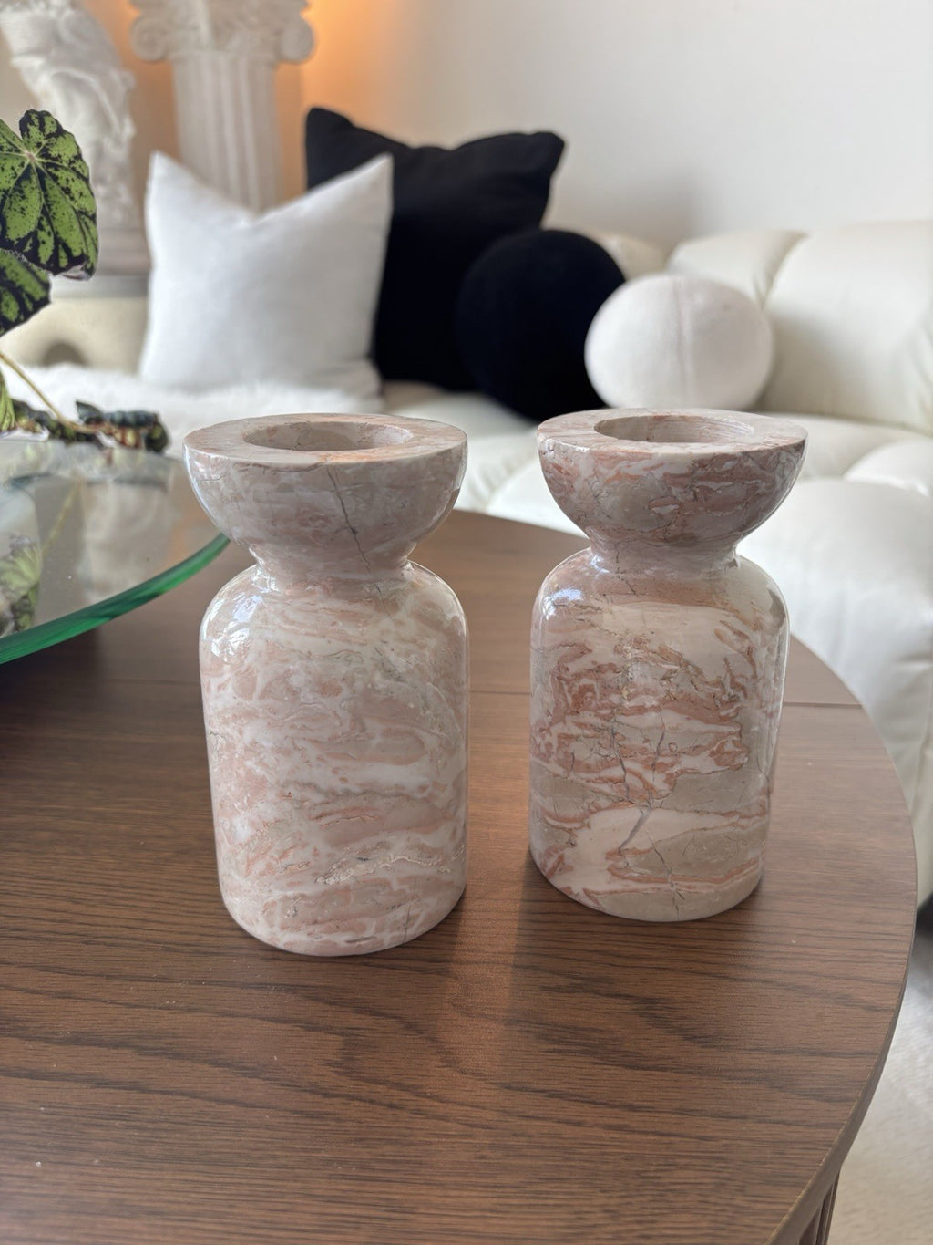 ITALIAN Pink/White Marble Candlestick Holders (2) Pair Japanese Style Made Italy
