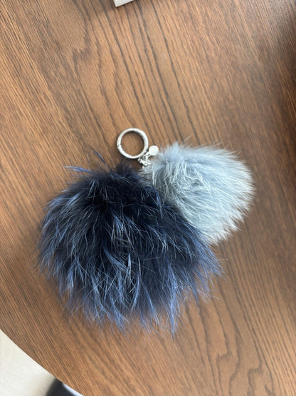 MICHAEL KORS Real Fox Fur Pom Poms Sister 2 Bag Charm Keychain Navy Slate Blue