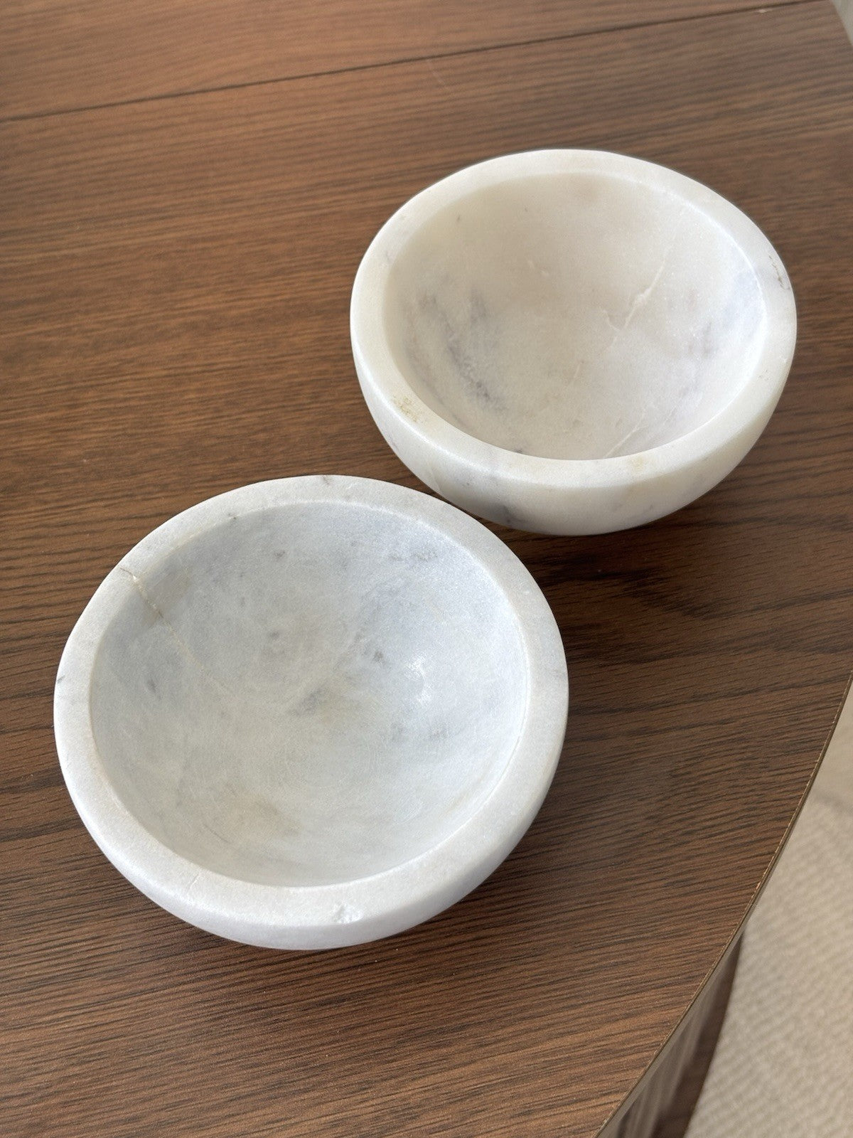 MARBLE Stone Set of 2 Carved Pinch Bowl For Herbs Or Spices 4" White / Gold Trim