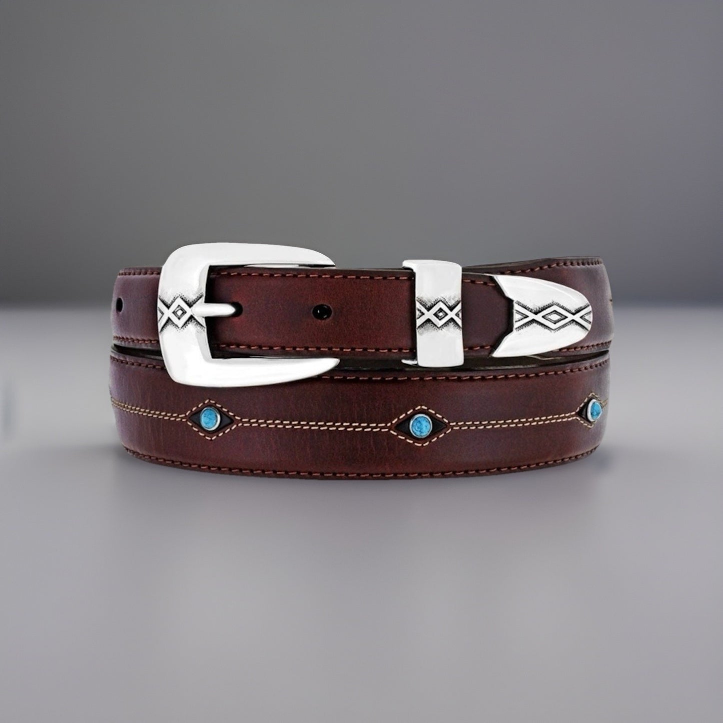 Genuine Turquoise BRIGHTON Cody Taper Brown Leather Belt Size 30/32 Silver Plate