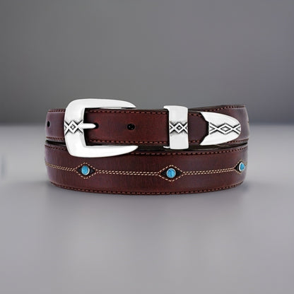Genuine Turquoise BRIGHTON Cody Taper Brown Leather Belt Size 30/32 Silver Plate