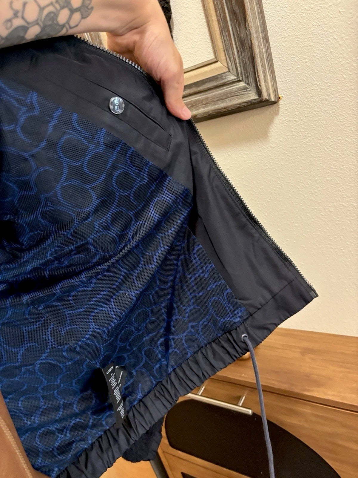 New COACH Runway Sherpa Fur Coat Jacket Zip Signature Print Blue Size L ($695)