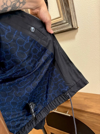 New COACH Runway Sherpa Fur Coat Jacket Zip Signature Print Blue Size L ($695)