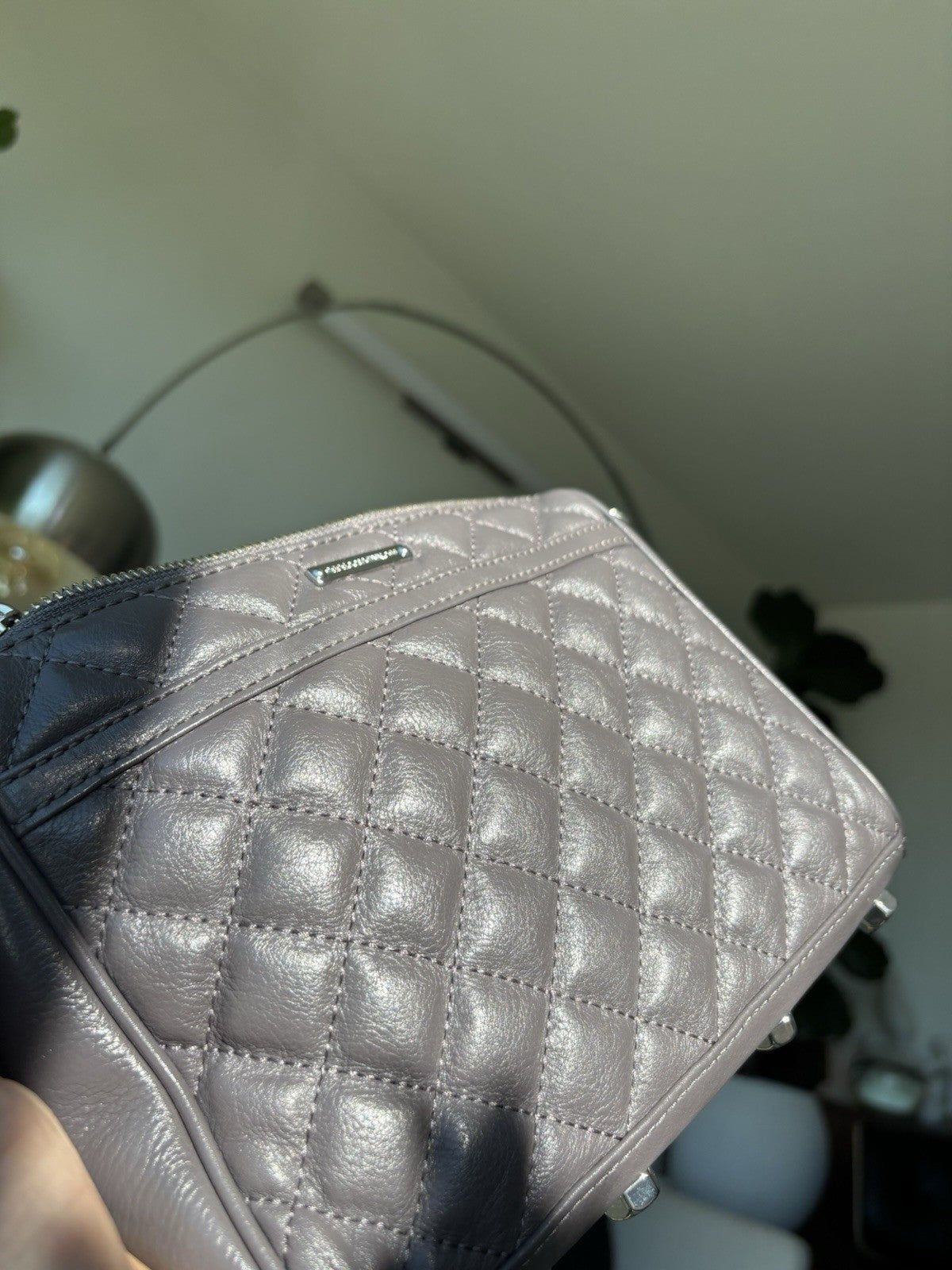 REBECCA MINKOFF Mini MAC Gray Quilted Leather Zip Crossbody Bag Chain (org $430)
