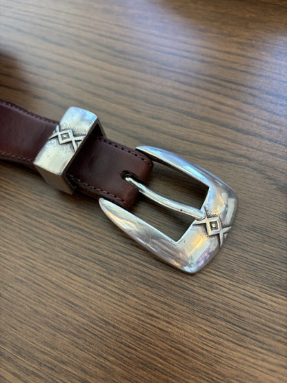 Genuine Turquoise BRIGHTON Cody Taper Brown Leather Belt Size 30/32 Silver Plate