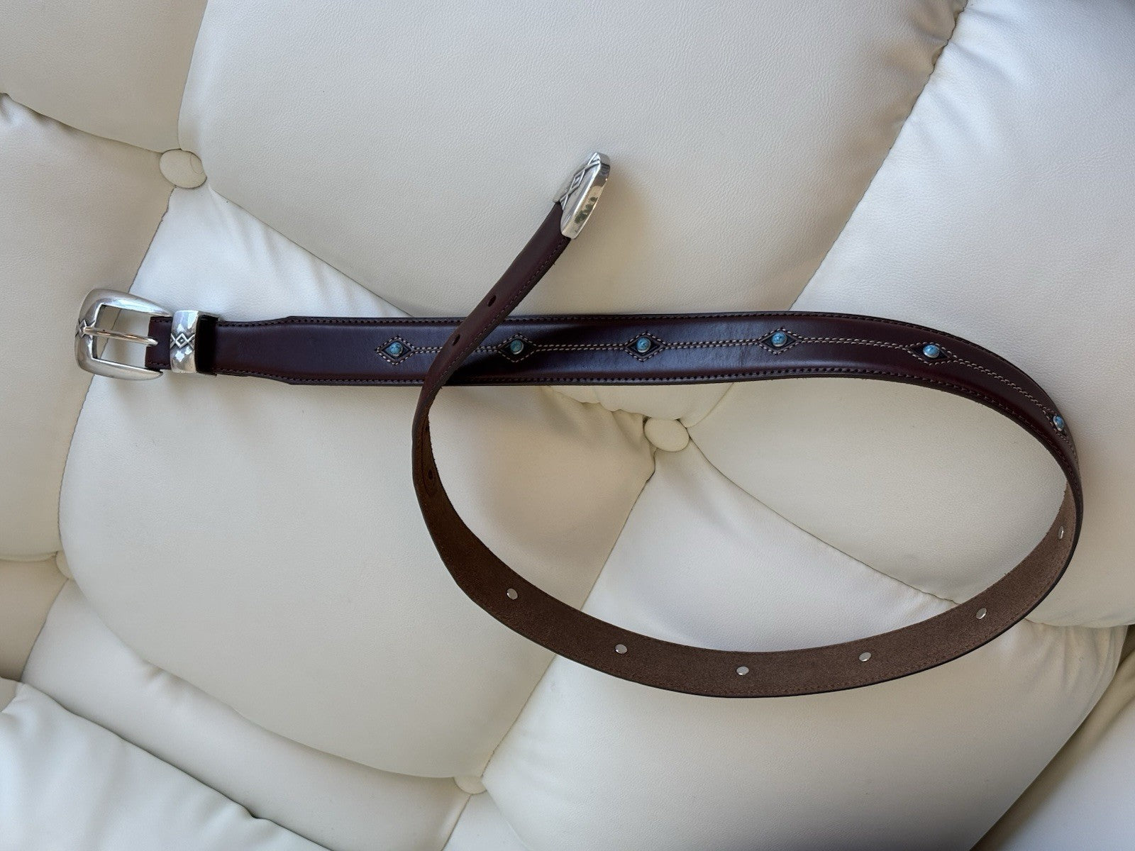 Genuine Turquoise BRIGHTON Cody Taper Brown Leather Belt Size 30/32 Silver Plate