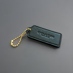 COACH Designer Hanging Bag Charm Fob Black Leather Tag & Gold Hardware Chain