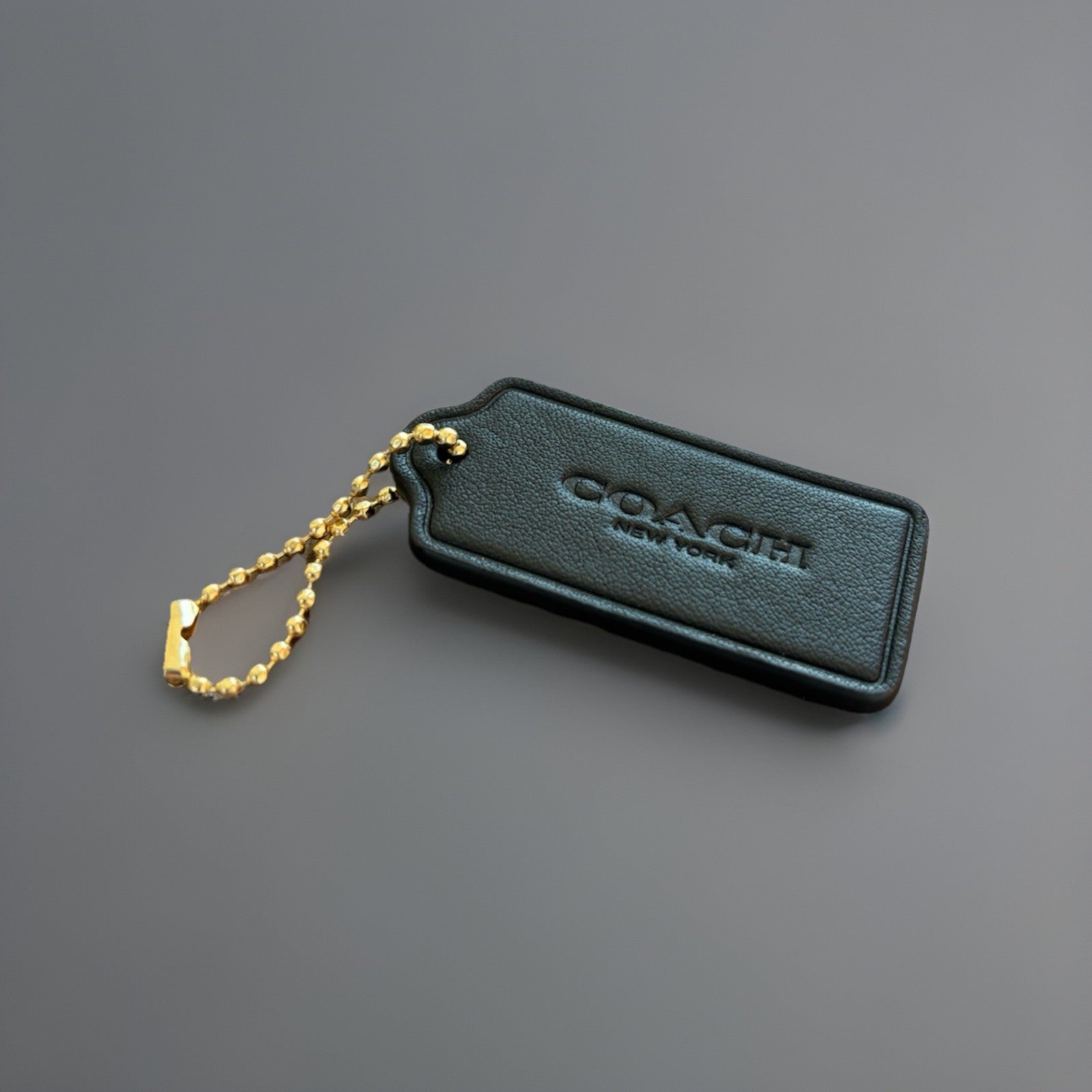 COACH Designer Hanging Bag Charm Fob Black Leather Tag & Gold Hardware Chain
