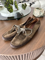 VINTAGE Tan Suede Espadrille Wedge Shoes Lace Up Moc Moccasin Toe Women’s Size 7