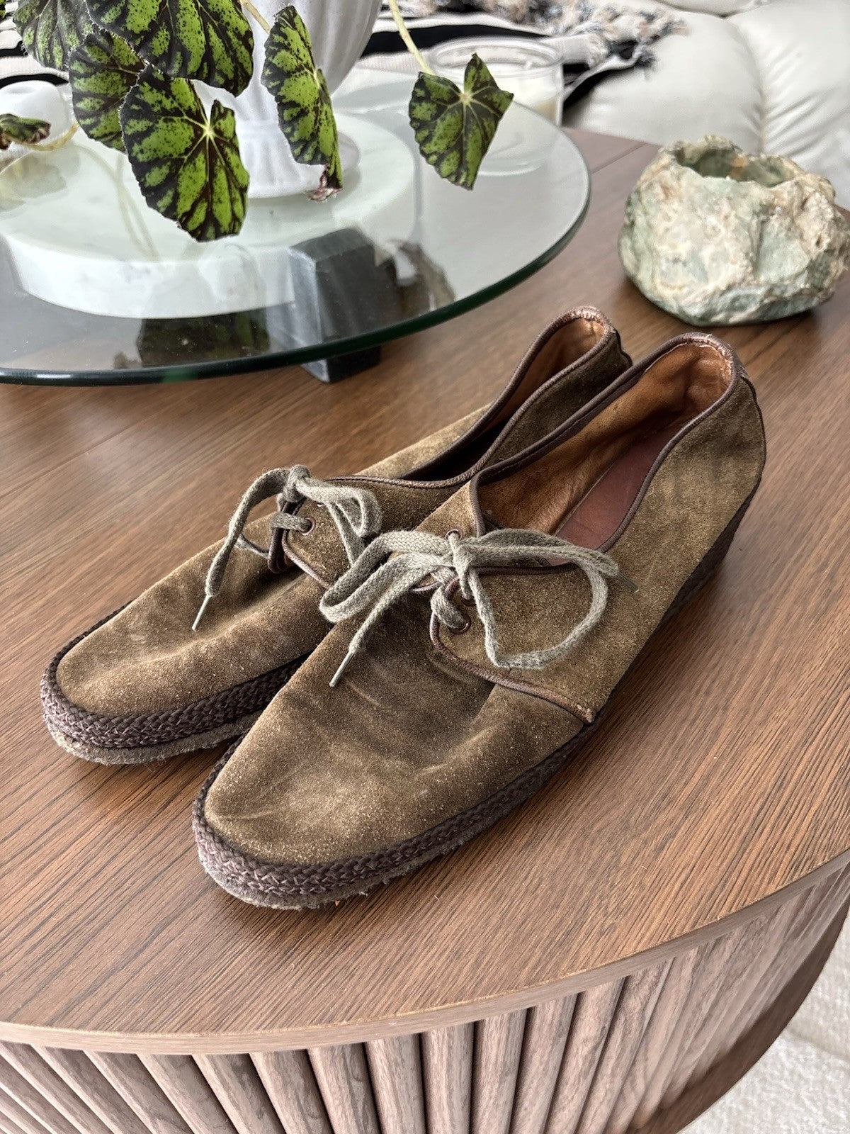VINTAGE Tan Suede Espadrille Wedge Shoes Lace Up Moc Moccasin Toe Women’s Size 7