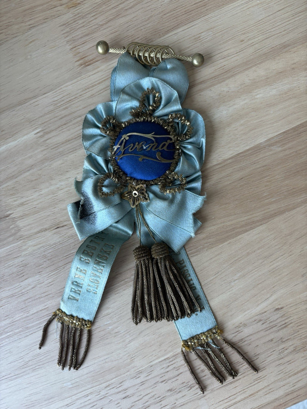 1893 ANTIQUE Slovak Sisters Branch 12 Passaic NJ Blue Ribbon Rosette Prize Badge