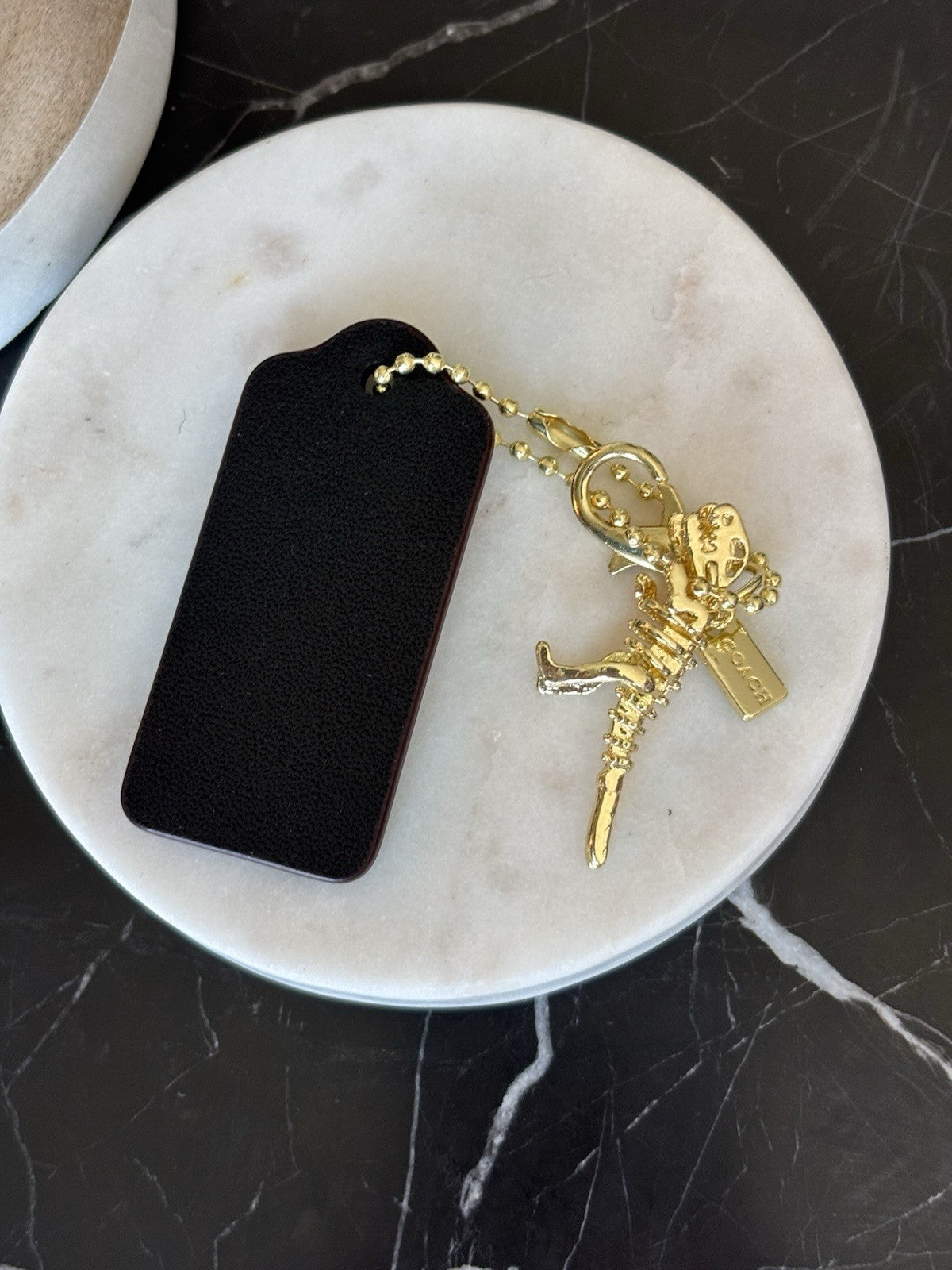 COACH New York Designer REXY Hang Tag Dino Bag Charm Fob Chain Gold/Black/Maroon