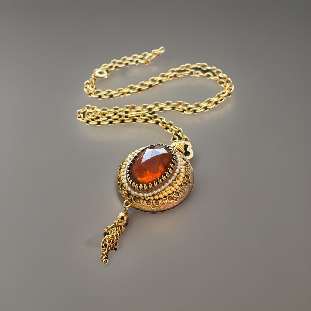AVON Vintage 1972 Pendant Swiss Movement Watch Necklace Amber Stone Gold Tassel