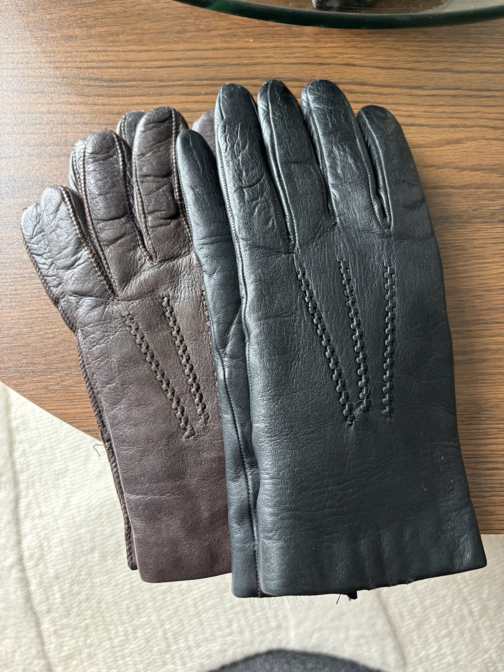 VINTAGE (2) Set Genuine Rabbit Fur Black/Brown Cowhide Leather Gloves Women 6.5