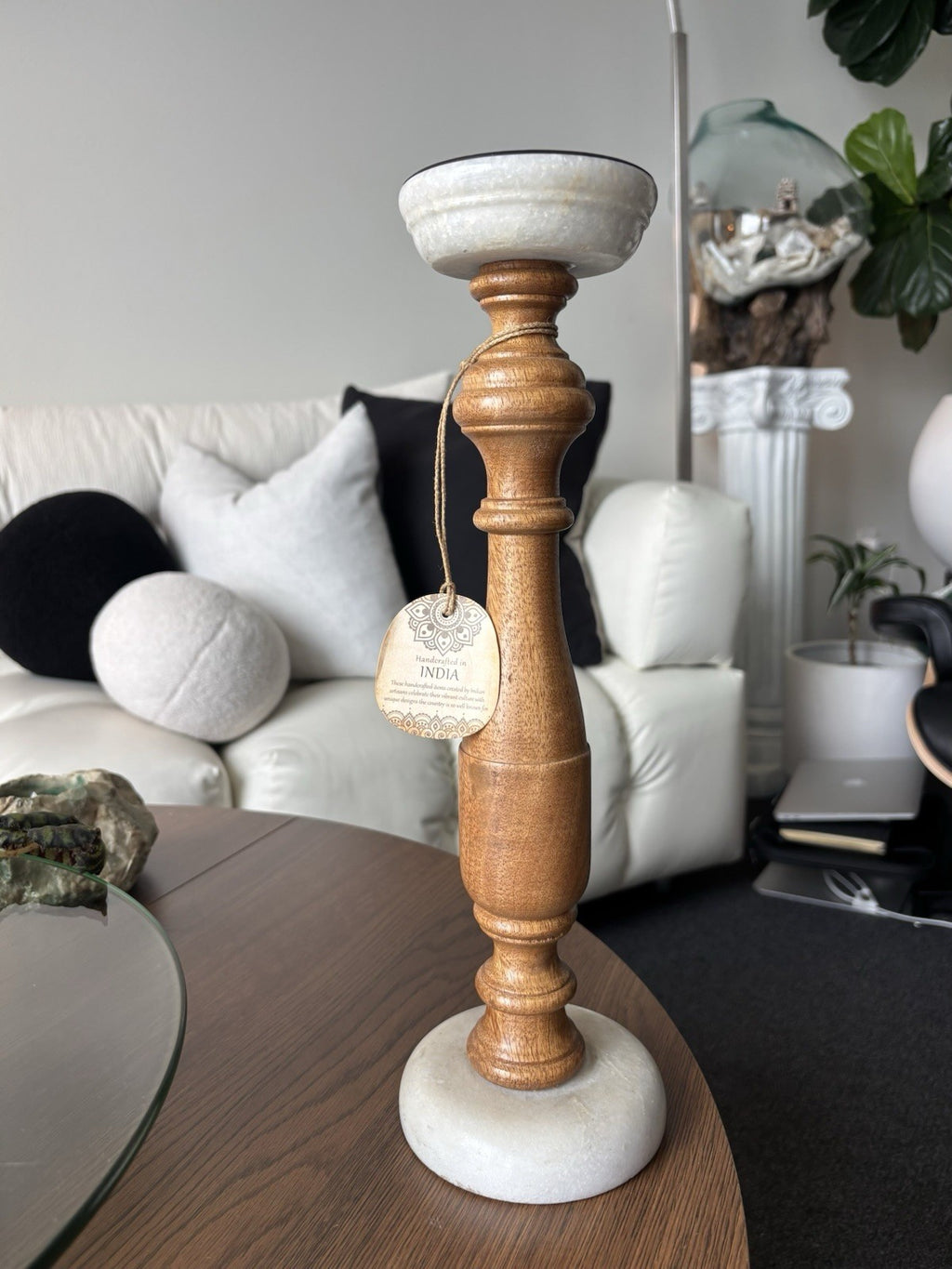 DECO 79 Mango Wood Candle Holder White Marble Base Turned Pillar 15” Candlestick