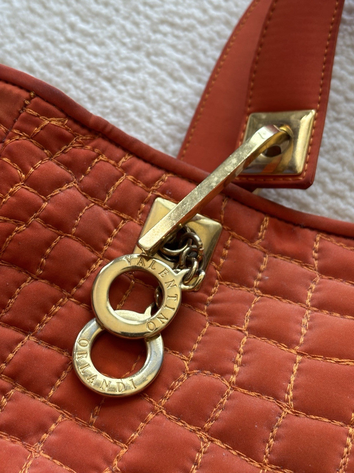 VALENTINO “Orlandi” Orange Quilted Nylon Handbag Gold Charm Italy (org $595.00)