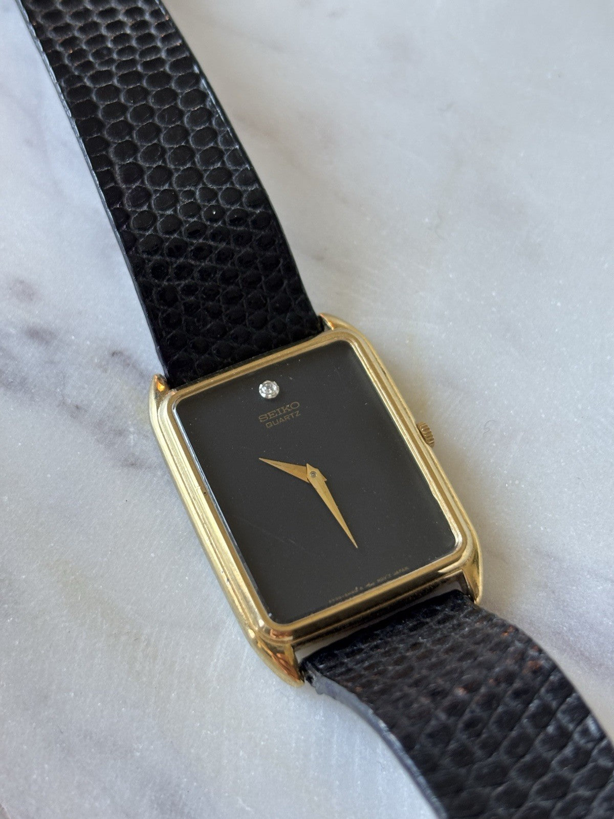 SEIKO Vintage Real Diamond Watch Black/Gold Mens 18mm Leather Snake Adjustable