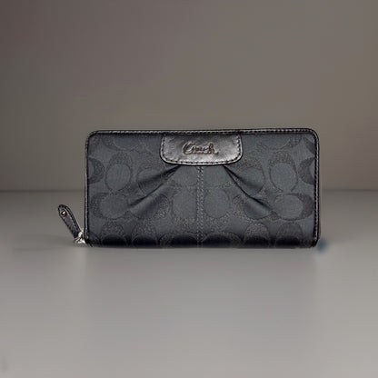 COACH Brand Signature Zip Around Accordion Wallet Black Leather & Jacard Fabric