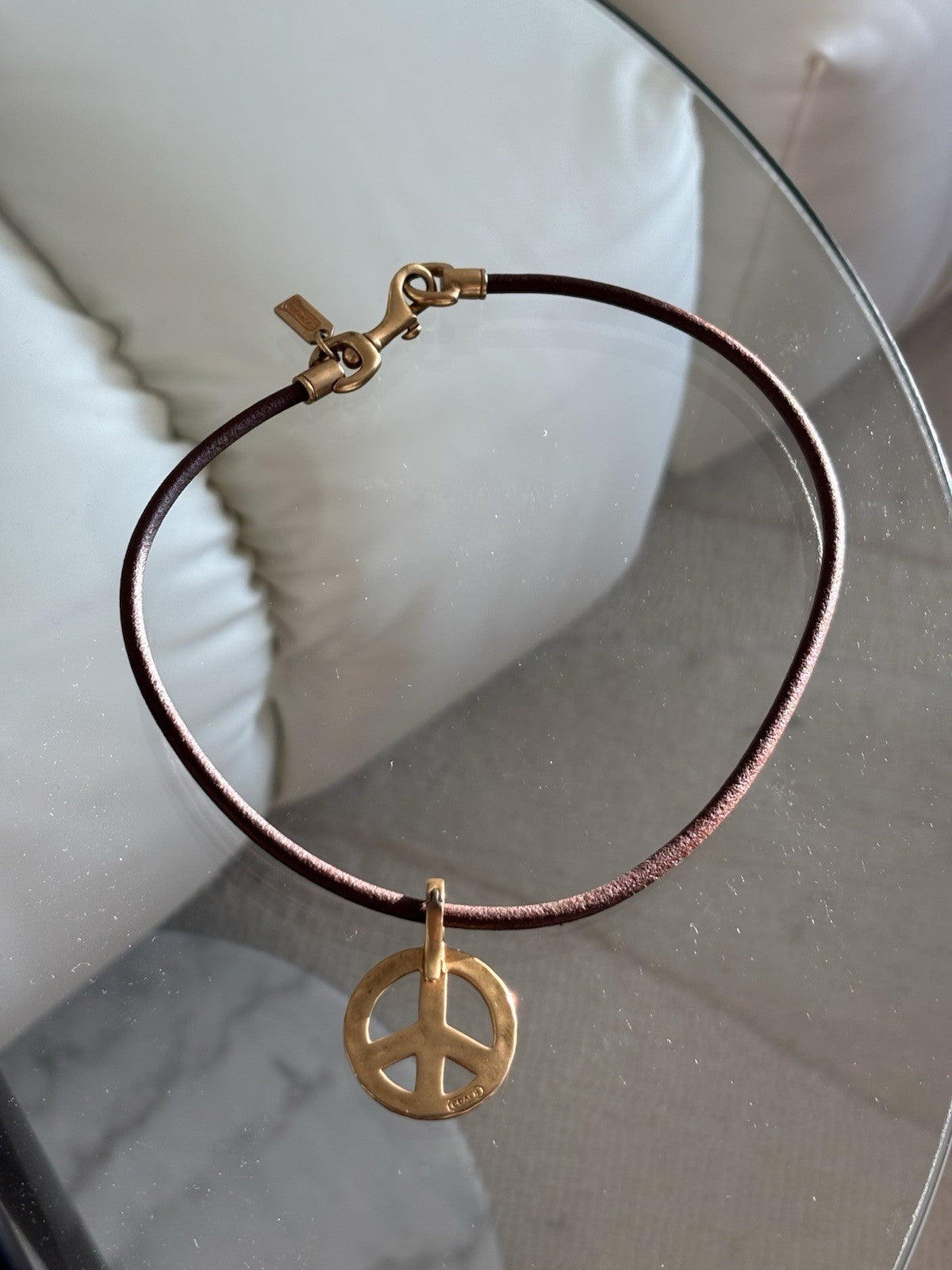 Vintage COACH Brown Leather Cord Gold Brass Peace Sign Pendant Necklace 14 inch