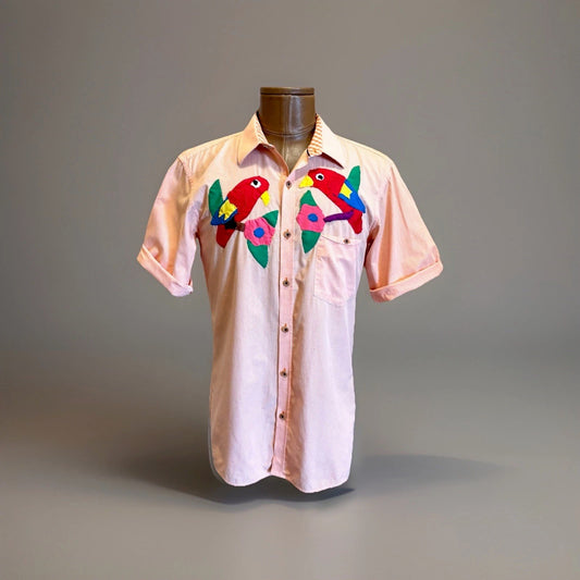 Vintage CARVEN Rare 1991 Designer Embroidered Tropical Parrots Button-Up Size M