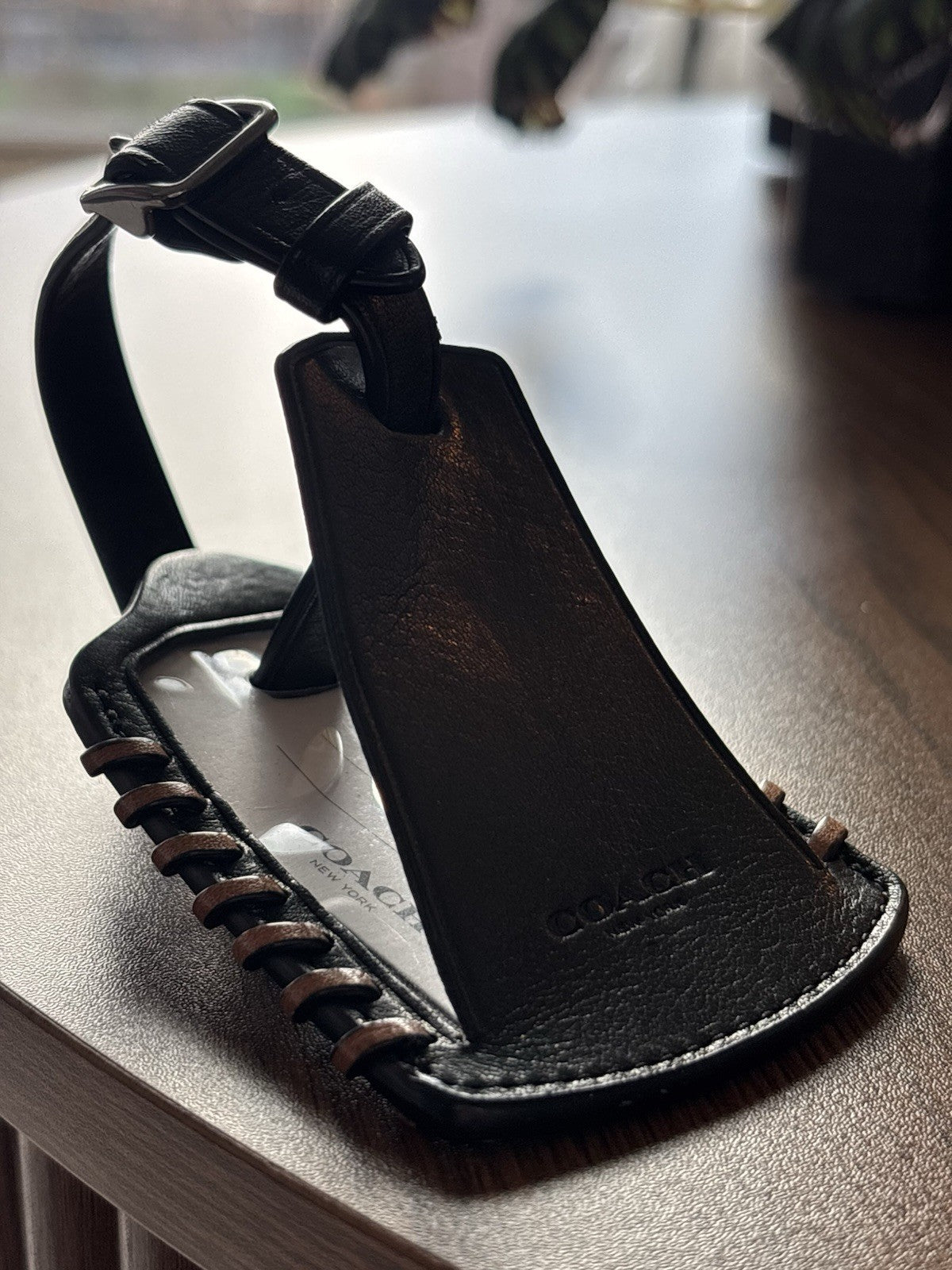 Coach Rip and Repair Luggage Tag Black Sport Calf Cow Leather Saddle Whipstitch