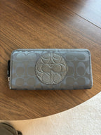 COACH Metallic Leather Stripe/Medallion Zip Around Wallet Charcoal Gray Silver