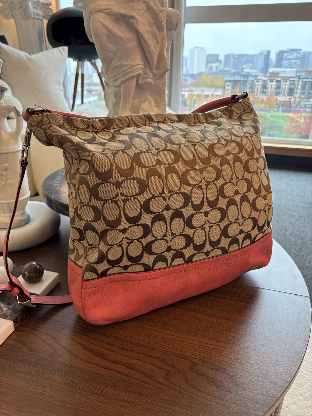 COACH Park Signature Khaki Hobo Handbag Crossbody Orange Pink Leather (org $395)