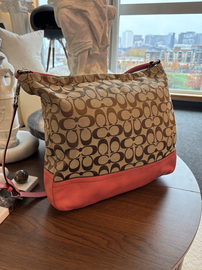 COACH Park Signature Khaki Hobo Handbag Crossbody Orange Pink Leather (org $395)