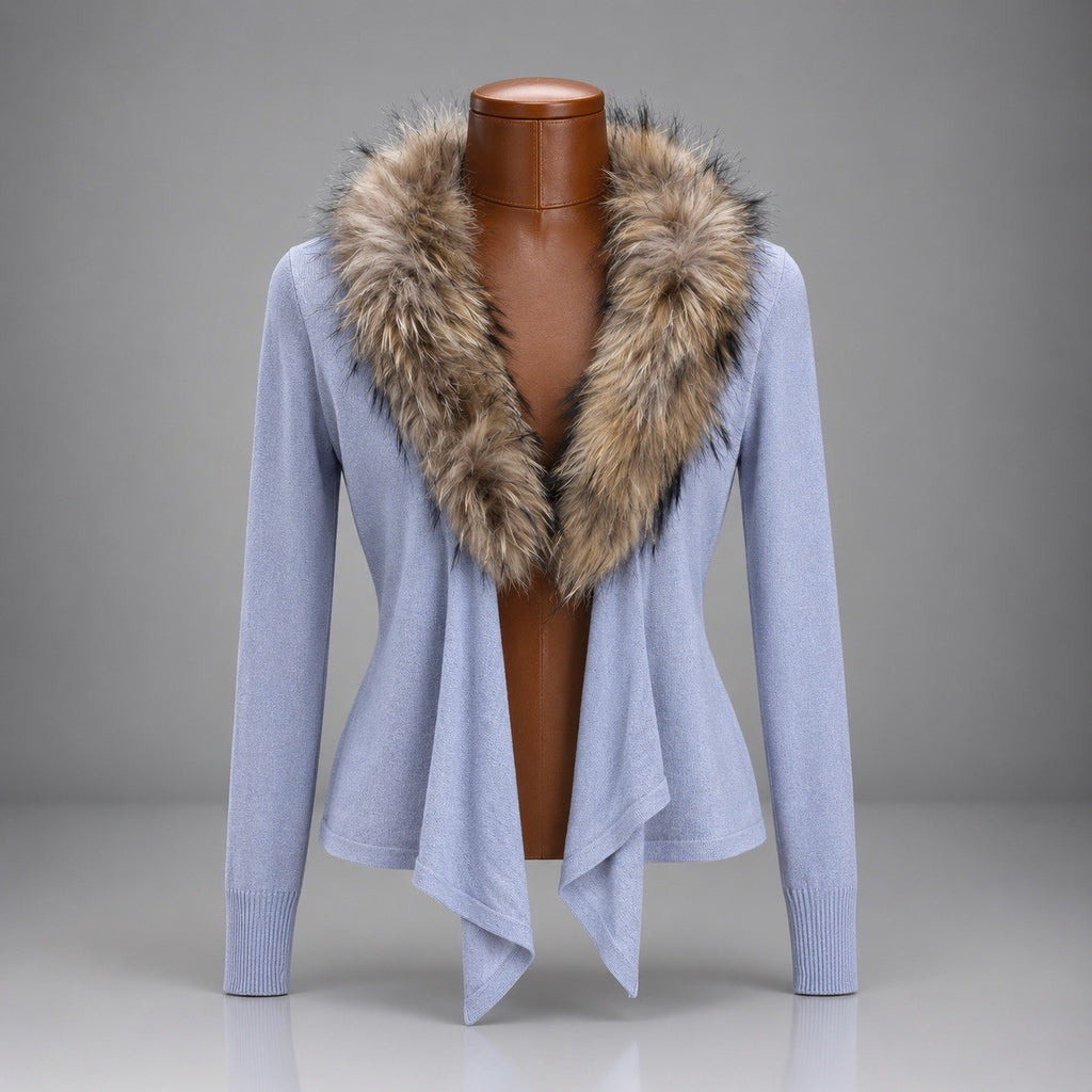 BEBE Y2K Luxury Italy Collection Cardigan Real Fox Fur Collar Blue M (org $660)